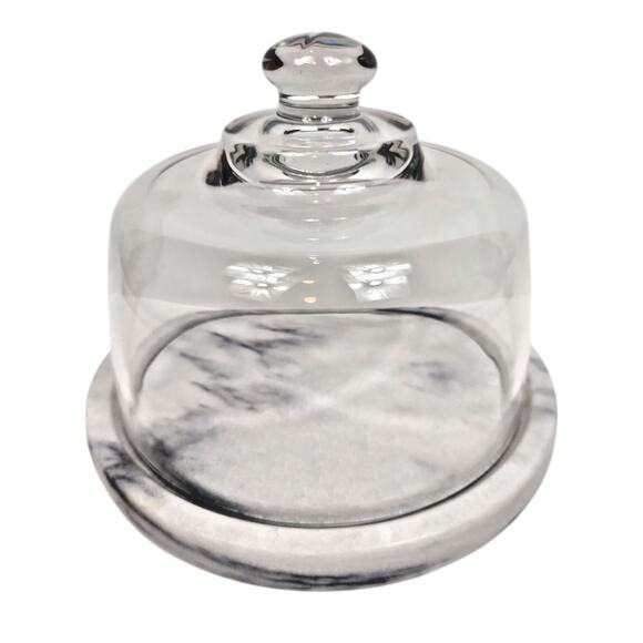 Vintage Marble Cheese Board Plate, Glass Cloche Dome, Footed Base, 7.5" Diameter - Picture 3 of 7